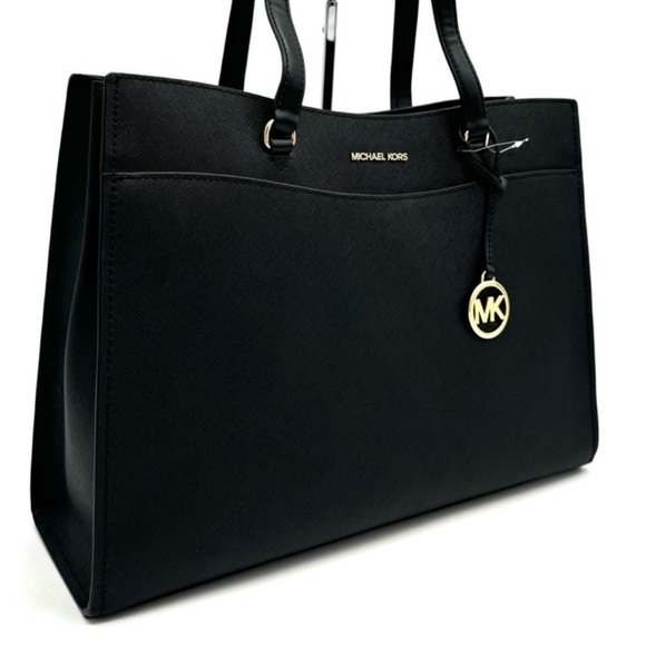 Michael Kors Large MF Pocket Shoulder Tote Bag Black/Gold - Picture 1 of 13